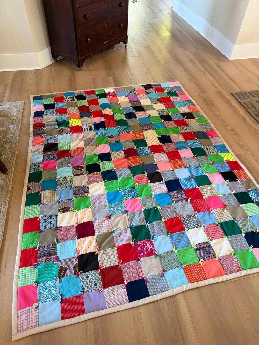 Hand Crafted Tied Multicolor Patchwork Square Quilt